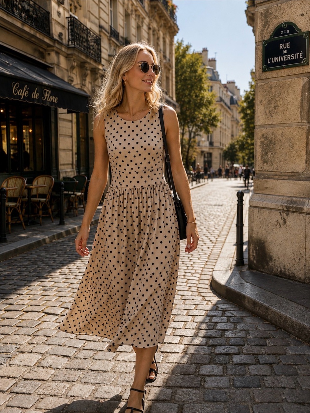 Karl Lagerfeld Beige Midi Dress Black Polka Dots Mininalist Chic Casual Twee